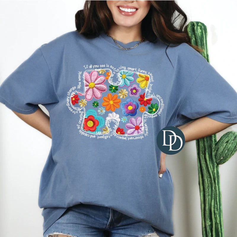 Flower Pattern Autism Puzzle Piece Tee