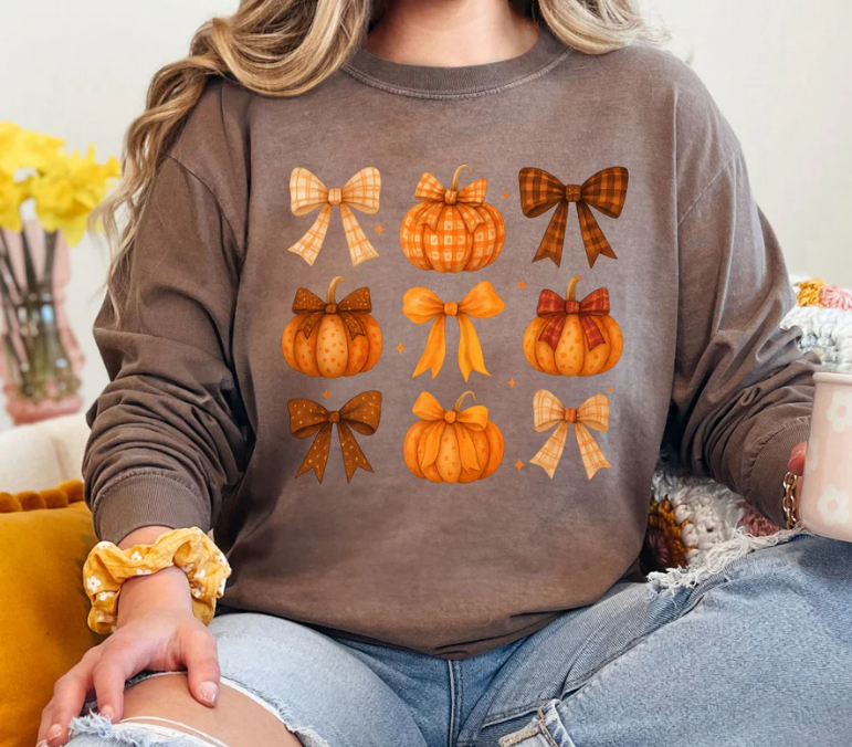 Fall Plaid Pumpkins And Bows Long-sleeved Tee