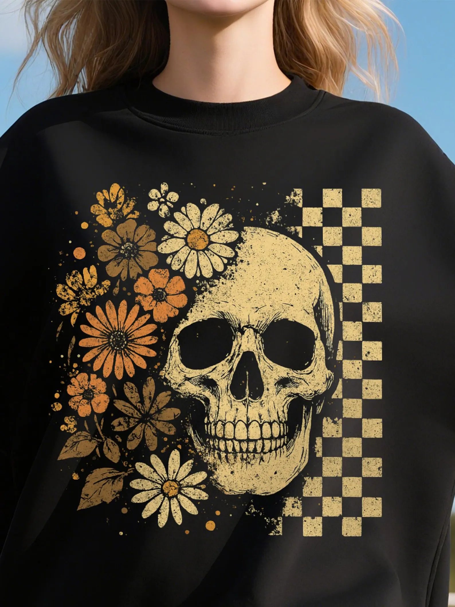 Skull Flowers and Checkers Crewneck