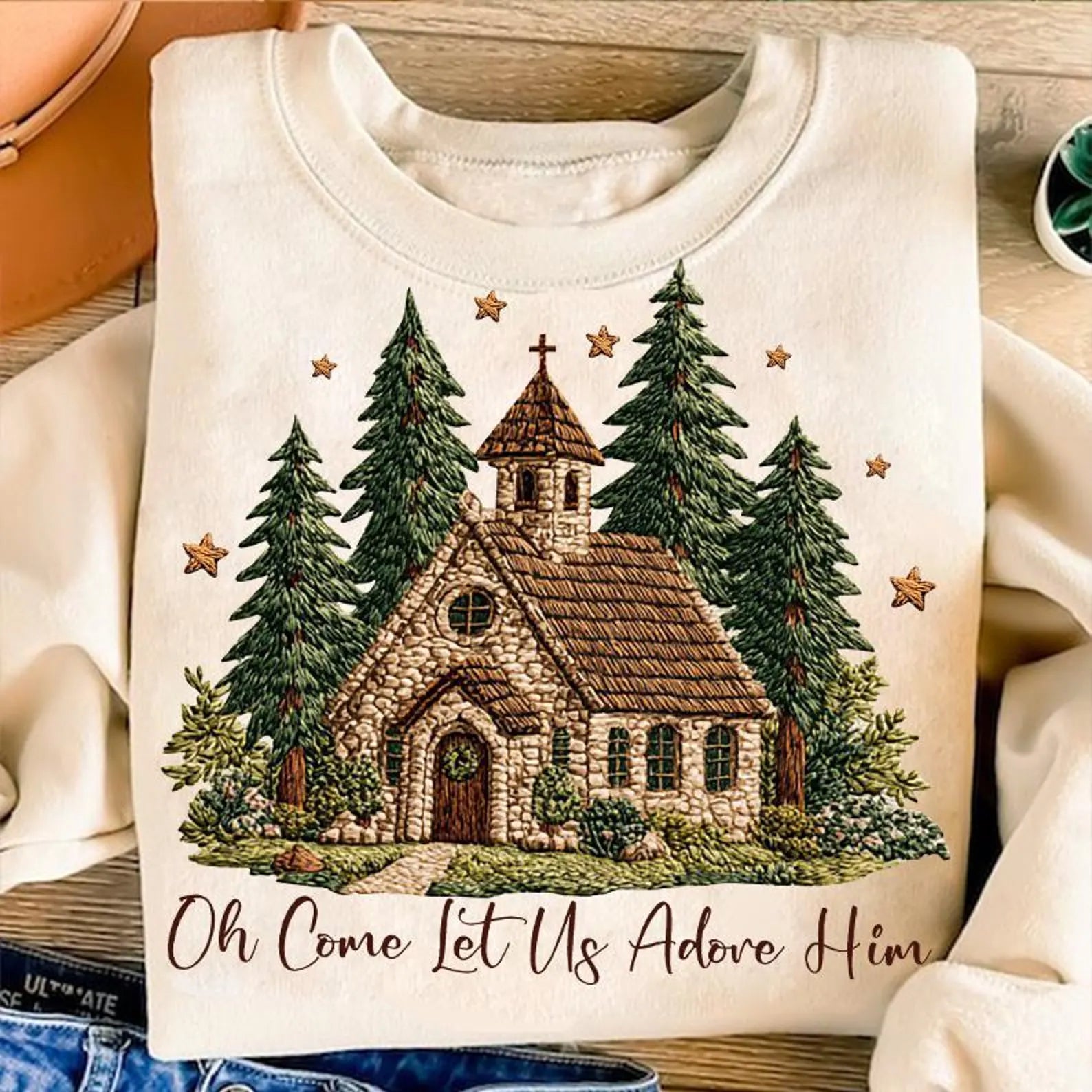 Faux Latch Hook Oh Come Let Us Adorn Him Crewneck